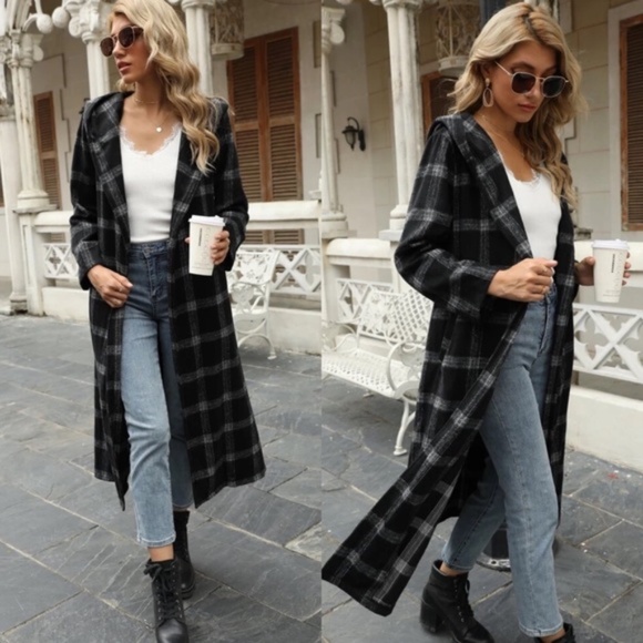 Black belted plaid collar pocket trench pea coat - Picture 3 of 4